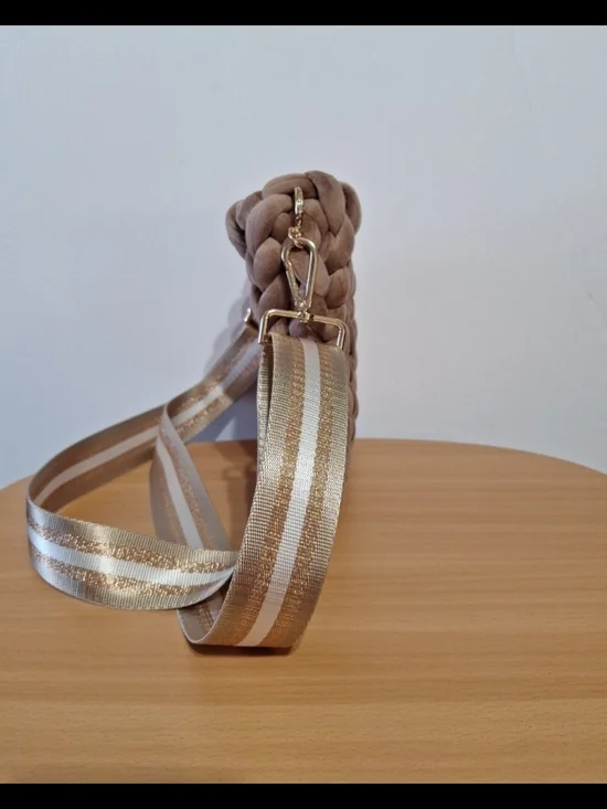 Chunky Handwoven Tan Crossbody Bag with Gold-Trim Strap - Picture 2 of 9